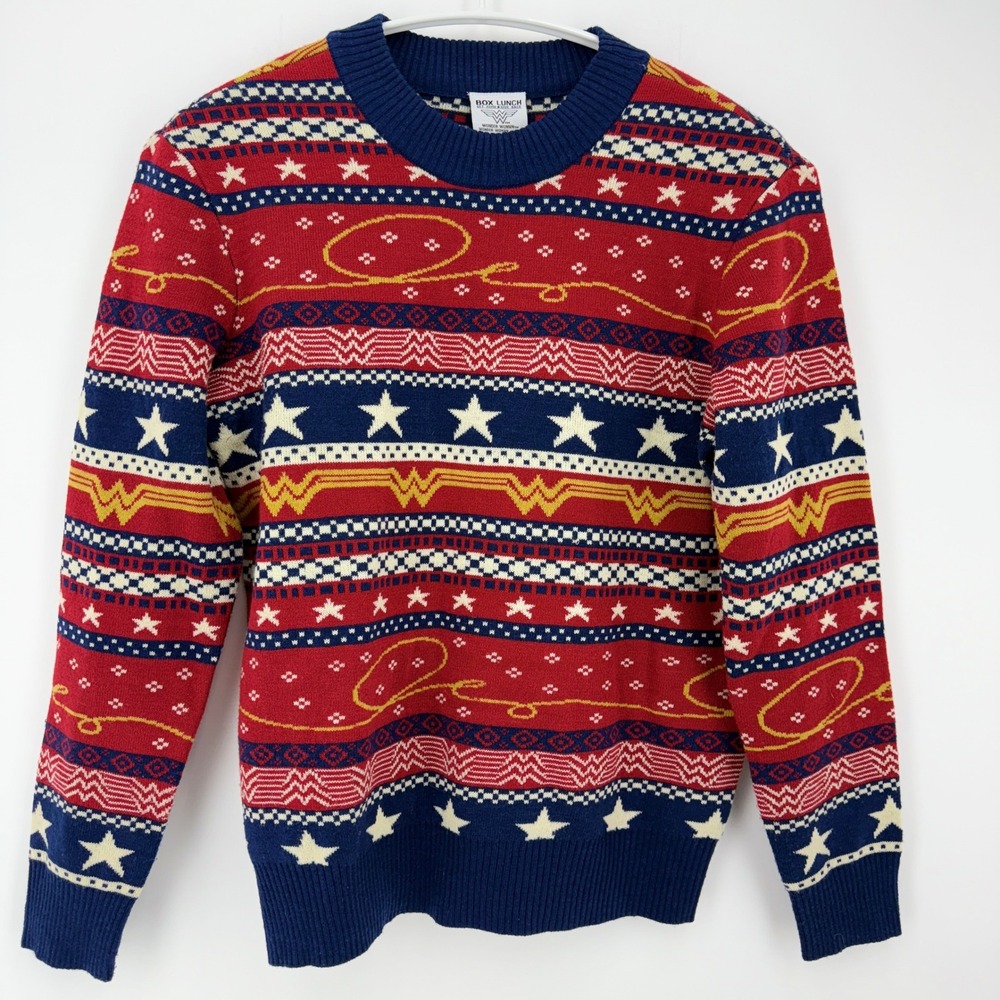 BoxLunch Wonder Woman Fair Isle Ugly Holiday Sweater Red Blue Stars Women Small‎